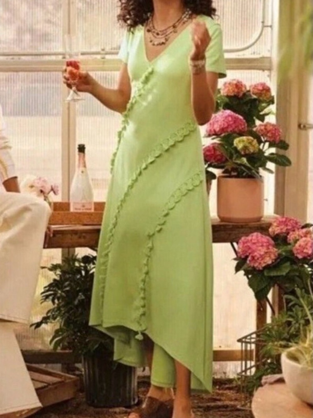 Soft Surroundings Alana Pom Pom Tassel Maxi Hi Low Maxi Dress Small Green Boho